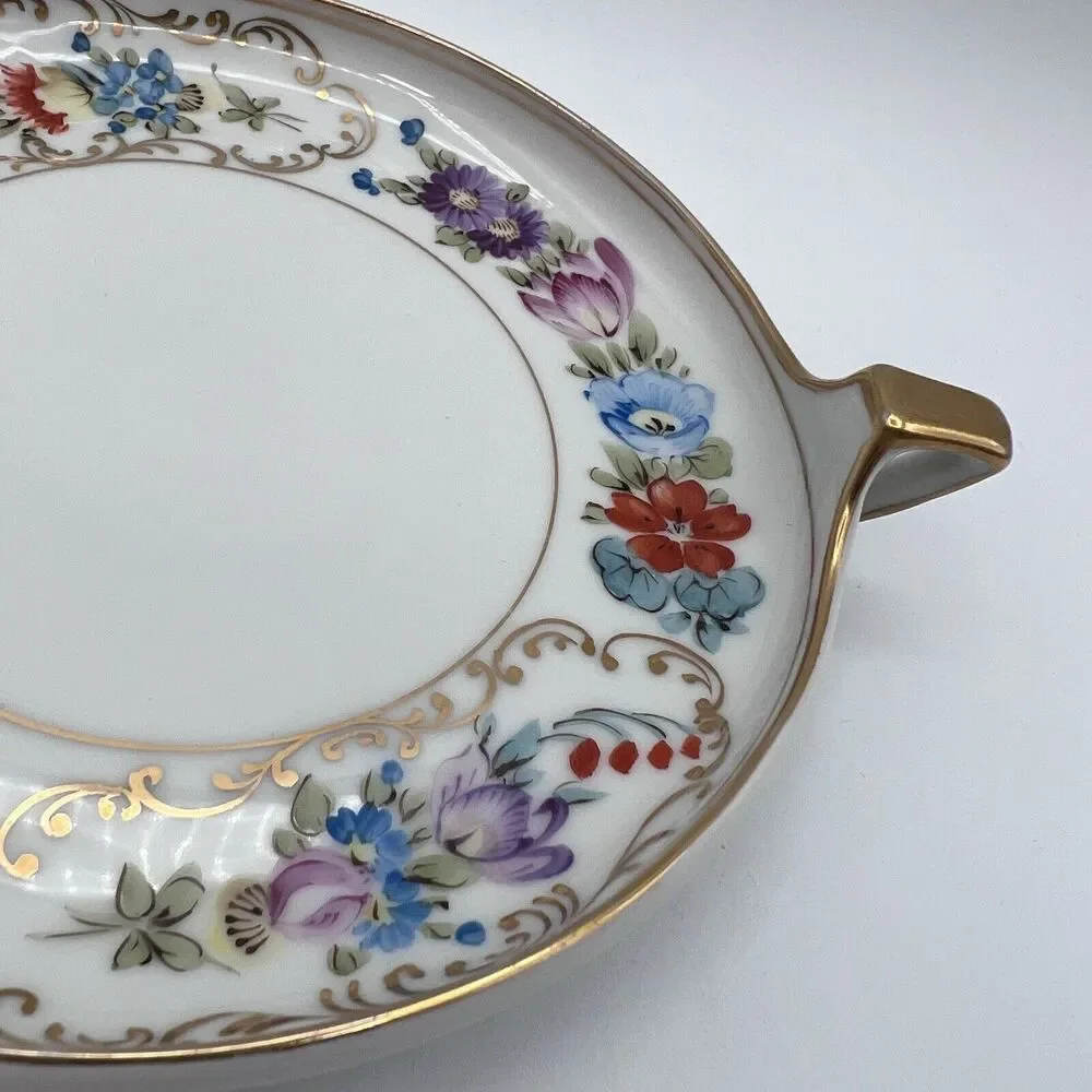 Vtg Round Hand Painted Nappy Trinket Dish 3 Handle Floral Colorful Cottagecore